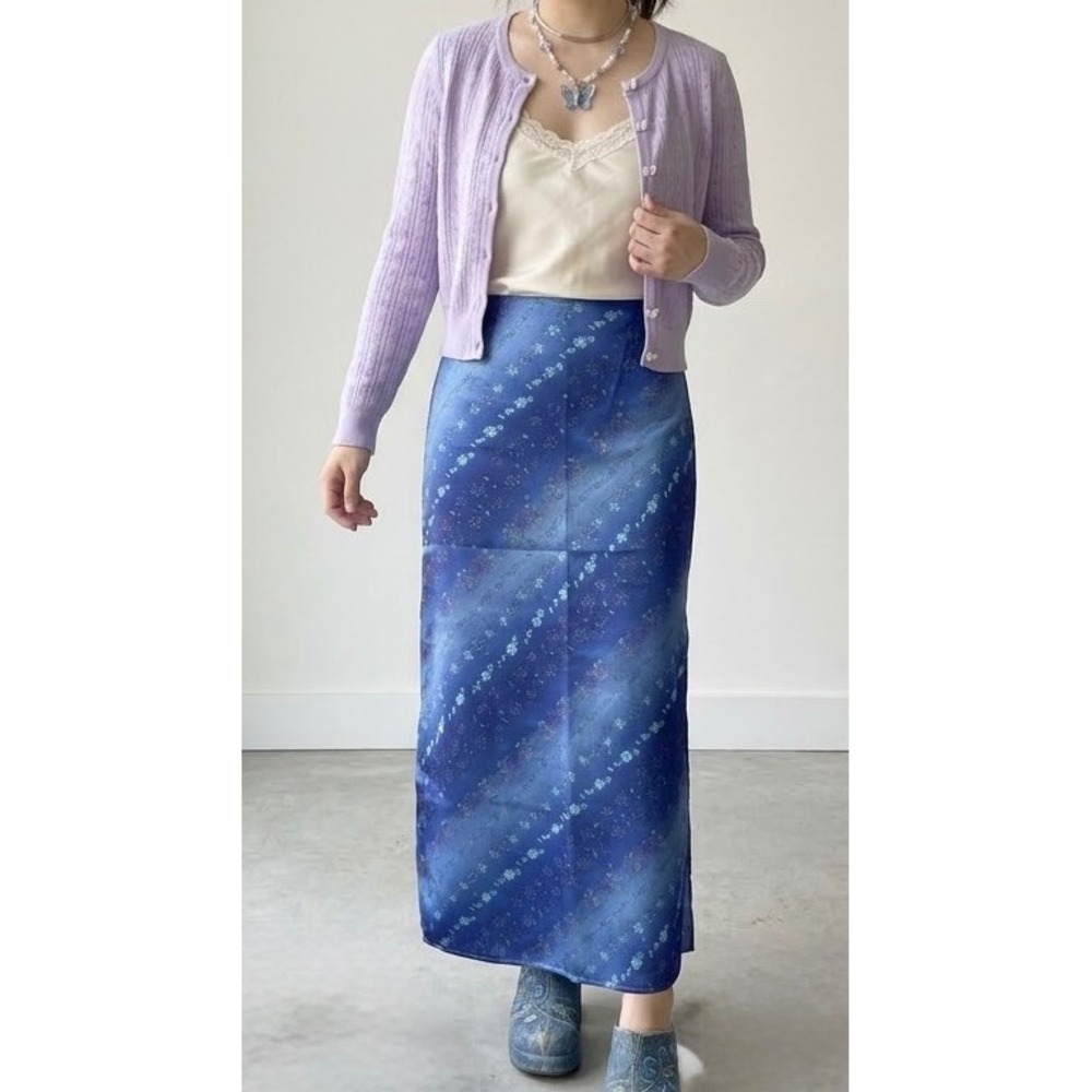Tracy Evans Slip Maxi Skirt 7 Blue Floral 90s Vintage Satin Y2K Fairy Side Slit